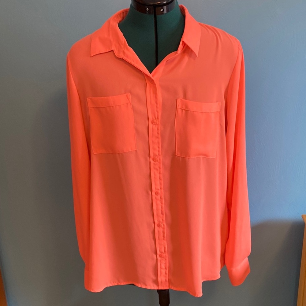 Apt. 9 Orange Pink Long Sleeve Notched Collar Blouse